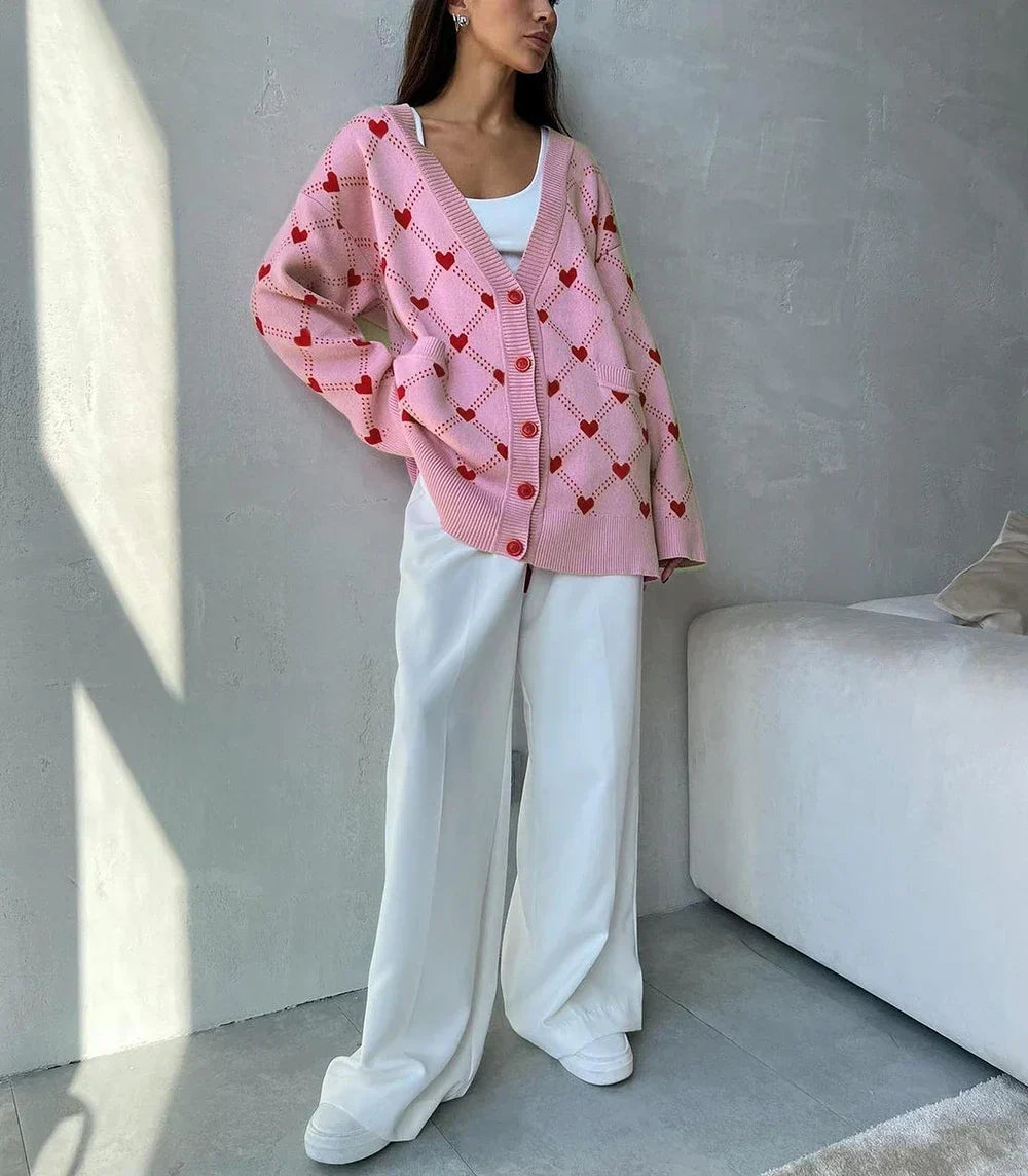 Women Cute Pink Hearts Print Oversize Knitted Cardigan