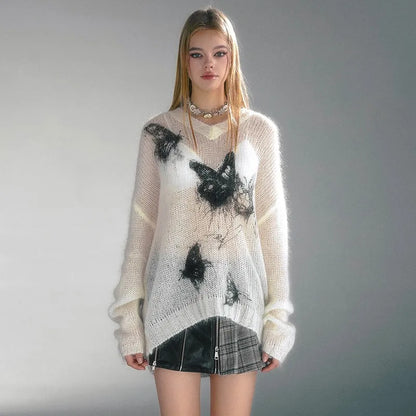 Vintage Grunge Butterfly Print Knitted Top