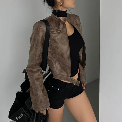 Women Retro Slim Stand Collar Leather Jacket