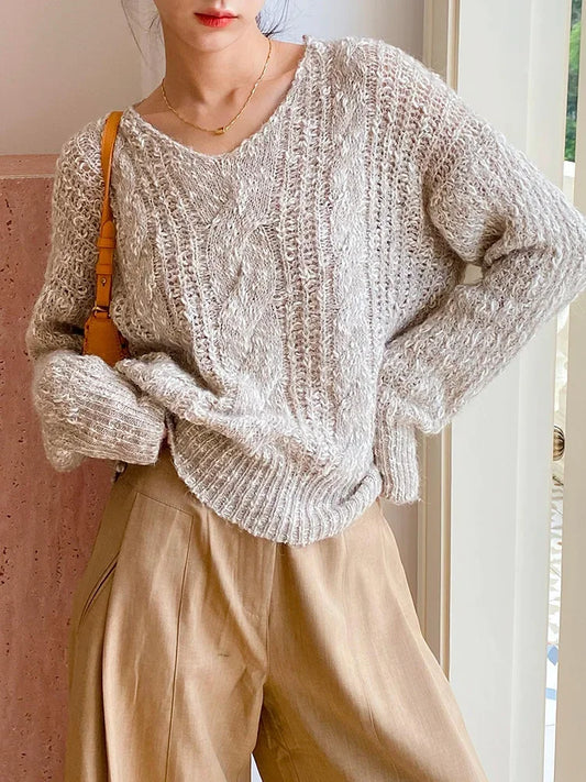 French Style Loose Khaki Pullover Sweater