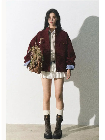 Red Woolen Commuting Baseball Jacket