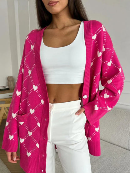 Women Cute Pink Hearts Print Oversize Knitted Cardigan