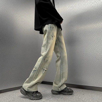 Y2K Embroidered Cross Denim Jeans
