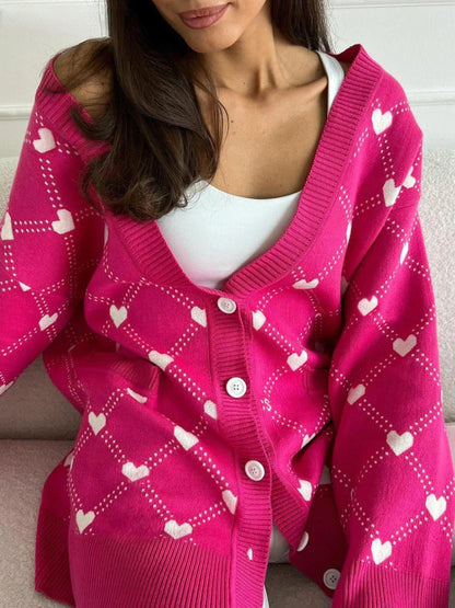 Women Cute Pink Hearts Print Oversize Knitted Cardigan