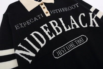 Retro Black Letter Print Polo Sweater