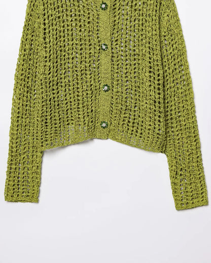 Green Mesh Embellished V-Neck Knit Cardigan