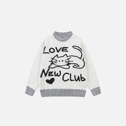 Front view of the white Cat's Cozy Club Sweater in a gray background